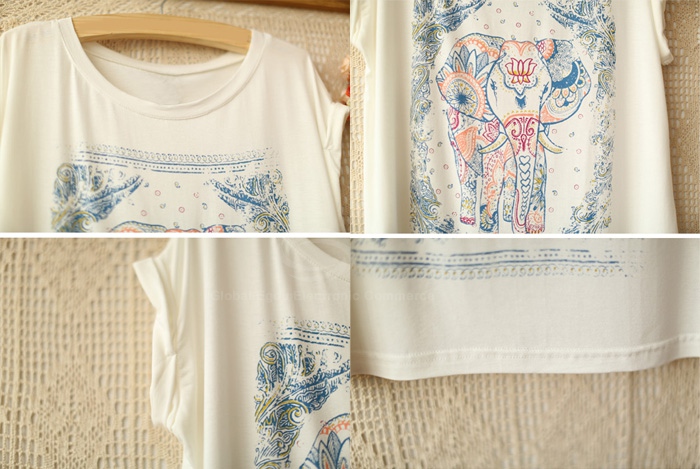 Elephant Pattern T-Shirt - WHITE OR GREY - The Style Basket
