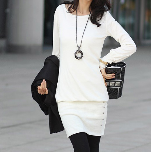 Stylish Slim Fit Scoop Neck Long Sleeve Dress - BLACK OR WHITE - The ...